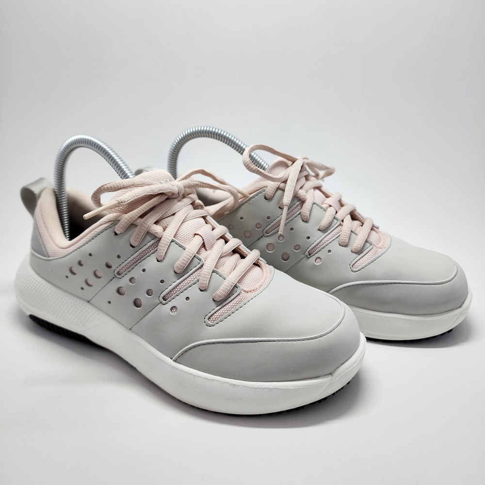 CROCS Women's On The Clock Work Sneakers Light Gray and Soft Pink